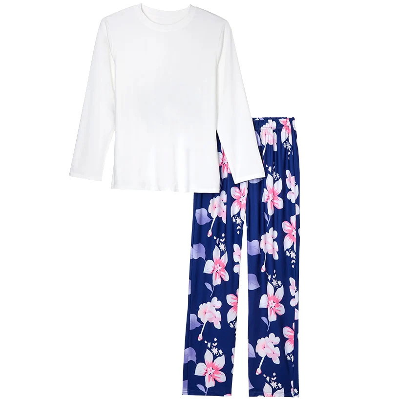 Women's Soft Pajama Set with Long Sleeve Top and Floral Pants - Image 3
