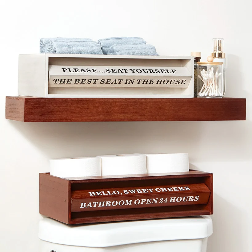 Wooden Bathroom Toilet Topper Storage Tray with Funny Rotating Phrases
